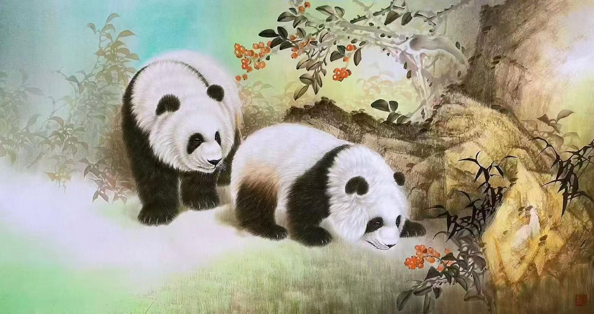 《熊猫图》纸本工笔作品